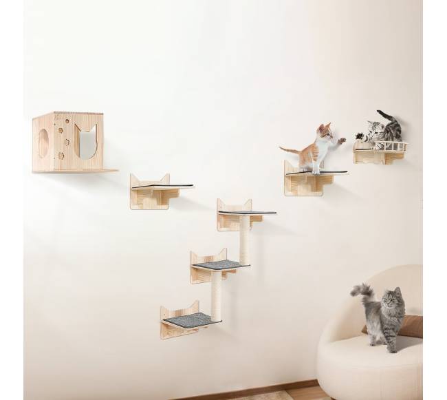 Pakabinamos lentynos katėms su šokinėjimo platformomis0