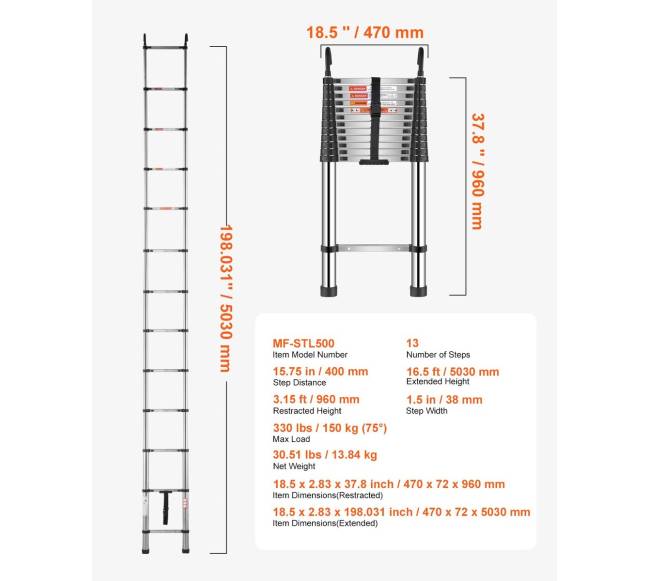 Teleskopinės nerūdijančio plieno kopėčios 5 m6