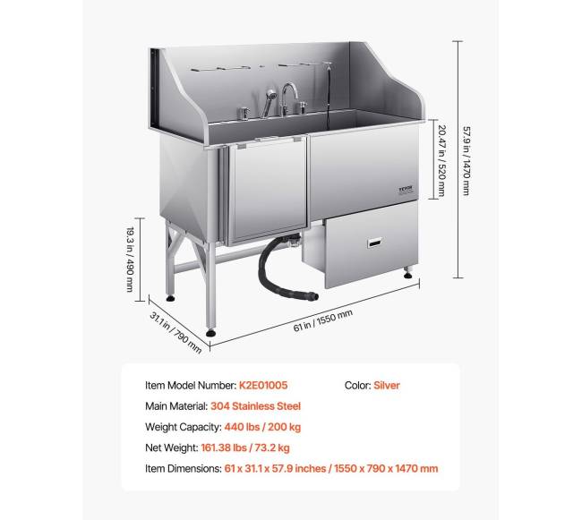 155 cm šunų vonia iš nerūdijančio plieno su rampa6