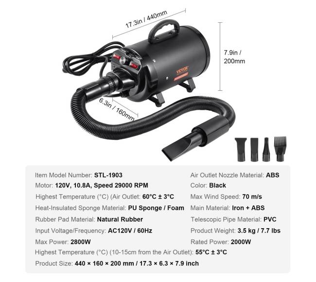 Šunų džiovintuvas, 2000W, 2.7 AG, juodas6