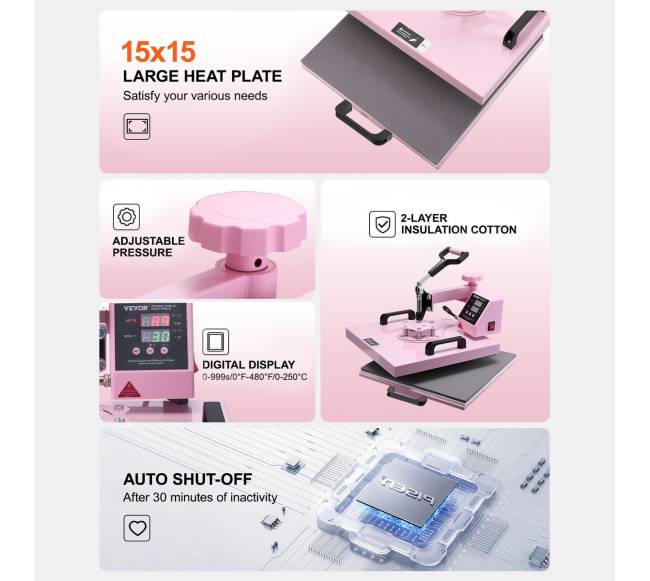 Termopreso mašina 15x15 cm 8 in 1 su 850 ml presu marškinėliams rožinė5