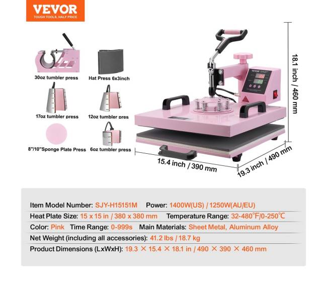 Termopreso mašina 15x15 cm 8 in 1 su 850 ml presu marškinėliams rožinė6