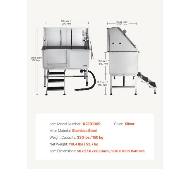 127 cm šunų vonia iš nerūdijančio plieno su laiptais6
