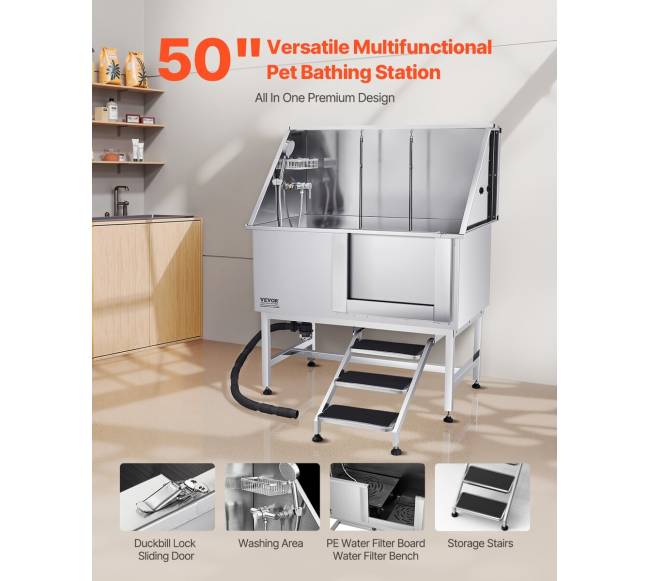 127 cm nerūd. plieno šunų vonia su laiptais1