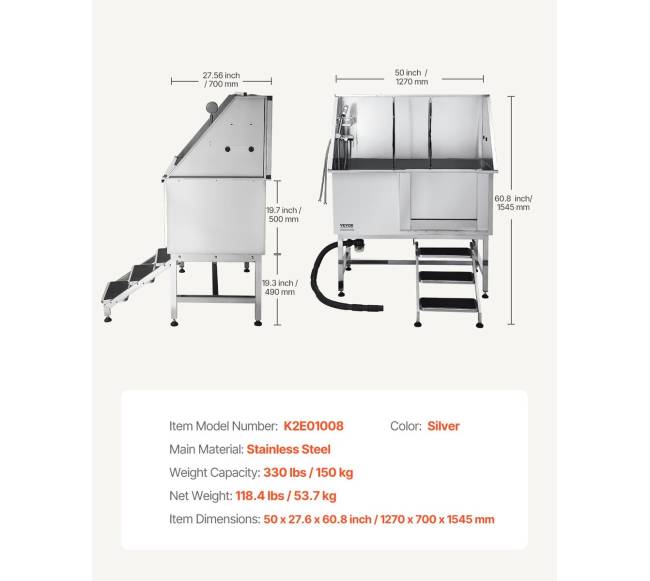 127 cm nerūd. plieno šunų vonia su laiptais6