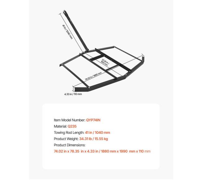 74 colių plieninė vilktinė akėčios ATV UTV6