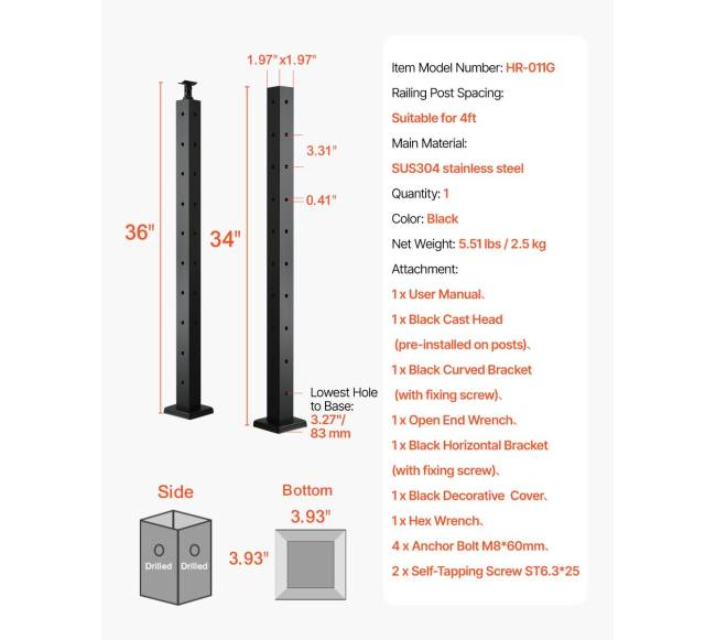Vevro kabelinė turėklo kolona 91x5x5 cm su L formos angomis6