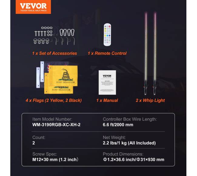 LED šviesos antena 90 cm RGB ATV UTV6