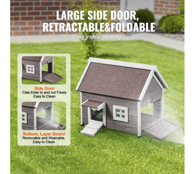 Medinis lauko kačių namelis su stogu ir langu3