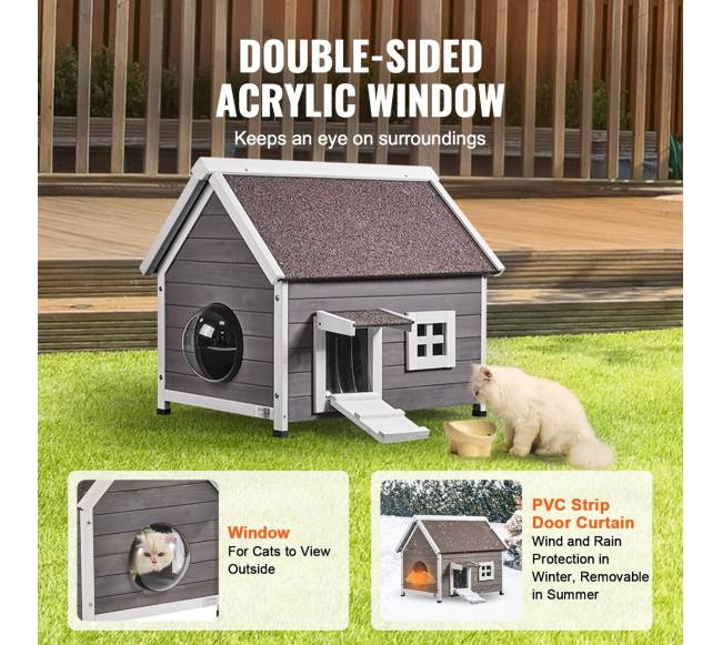 Medinis lauko kačių namelis su stogu ir langu4