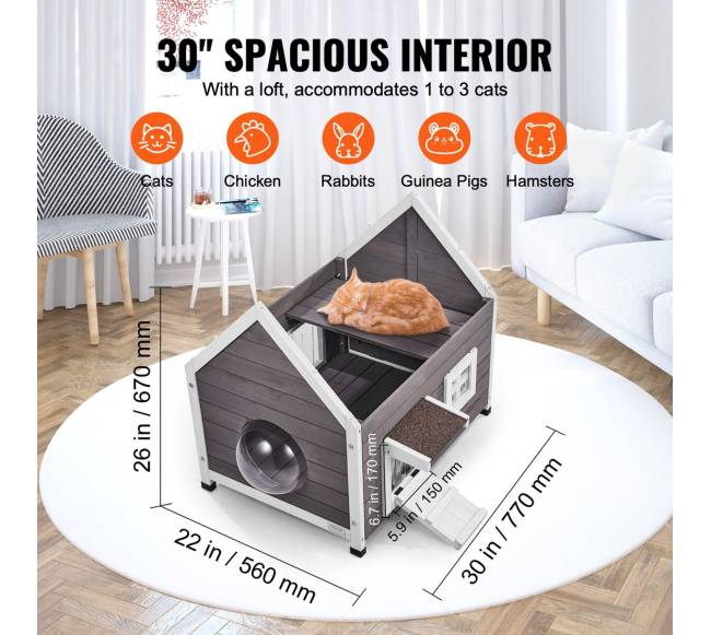 Medinis lauko kačių namelis su stogu ir langu5