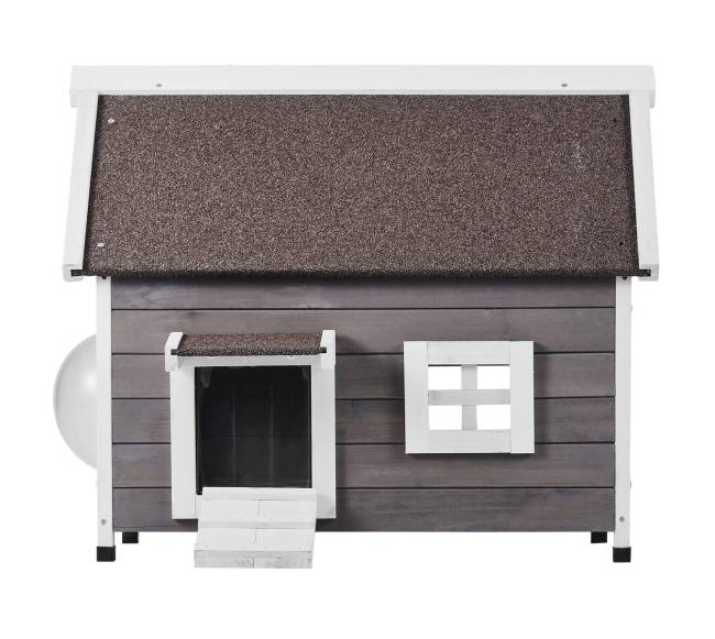 Medinis lauko kačių namelis su stogu ir langu8