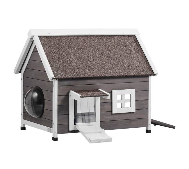 Medinis lauko kačių namelis su stogu ir langu9