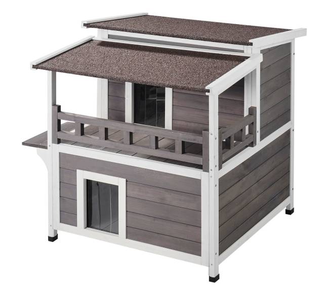 Lauko katės namelis su balkonu ir stogu0