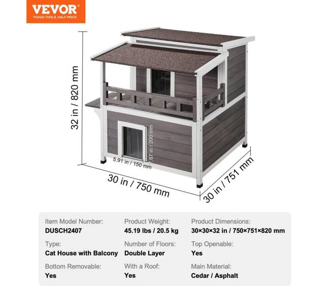 Lauko katės namelis su balkonu ir stogu6