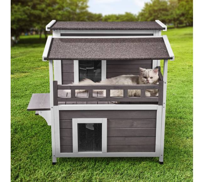 Lauko katės namelis su balkonu ir stogu7