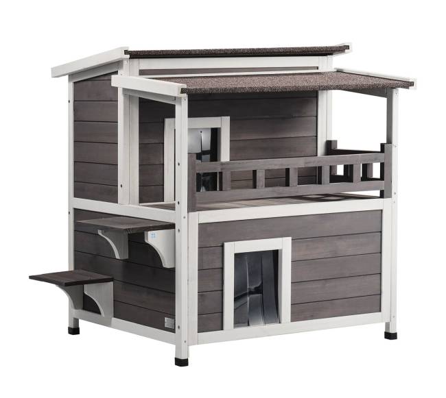 Lauko katės namelis su balkonu ir stogu9