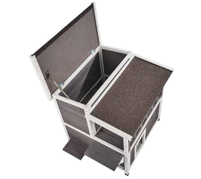 Lauko katės namelis su balkonu ir stogu10