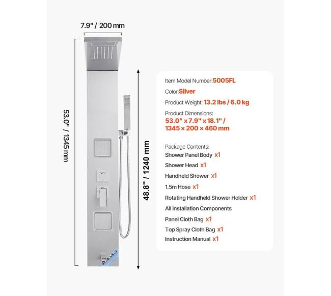 Dušo panelės sistema su lietaus galvučių masažu6