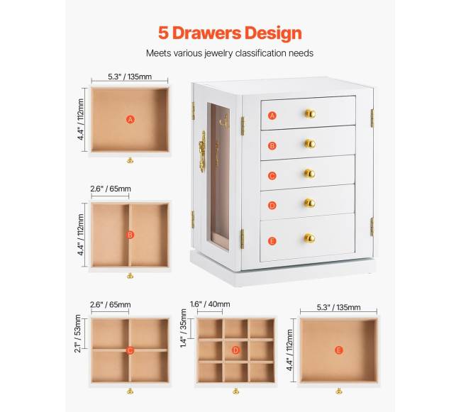 Papuošalų dėžutė su 5 stalčiais balta1