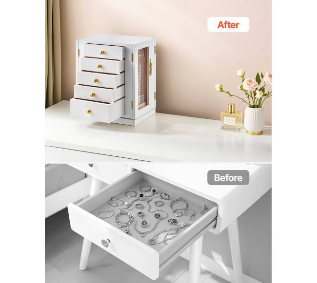 Papuošalų dėžutė su 5 stalčiais balta4