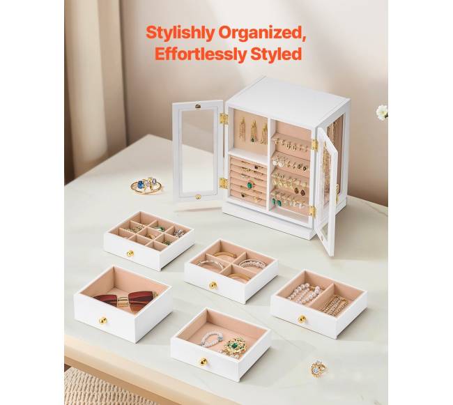 Papuošalų dėžutė su 5 stalčiais balta5