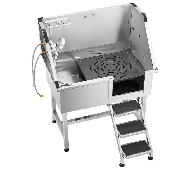 Nerūdijančio plieno šunų vonelė su laiptais ir dušo galvute0