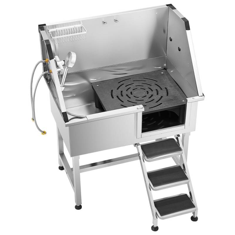 Nerūdijančio plieno šunų vonelė su laiptais ir dušo galvute0