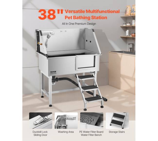 Nerūdijančio plieno šunų vonelė su laiptais ir dušo galvute1