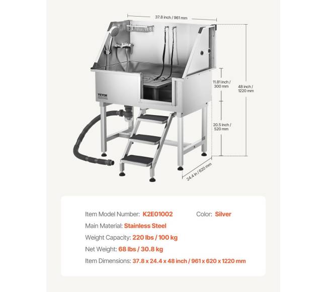 Nerūdijančio plieno šunų vonelė su laiptais ir dušo galvute6