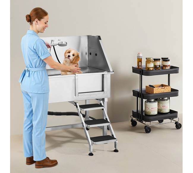 Nerūdijančio plieno šunų vonelė su laiptais ir dušo galvute7