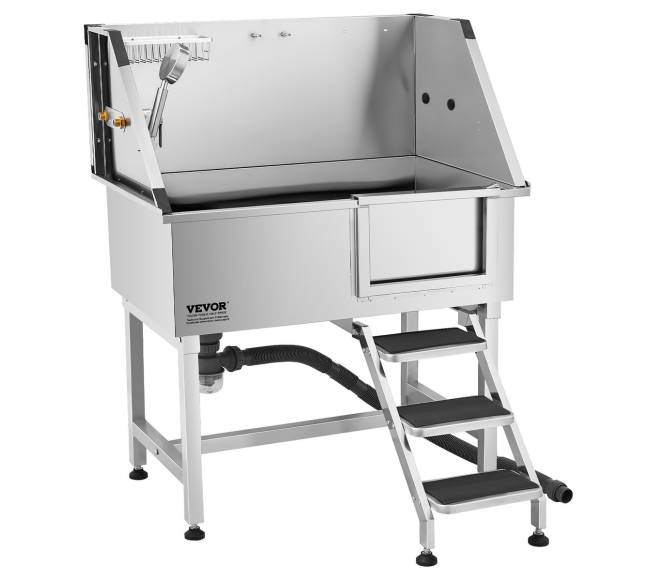 Nerūdijančio plieno šunų vonelė su laiptais ir dušo galvute10