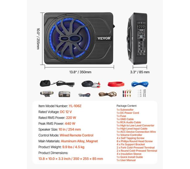 10 colių 440W po sėdyne sumontuotas automobilio žemų dažnių garsiakalbis6