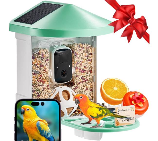 Išmanusis paukščių lesyklė su kamera ir saulės energija0
