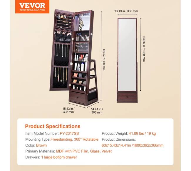 Papuošalų veidrodis su 360 pasukimu ir saugykla6