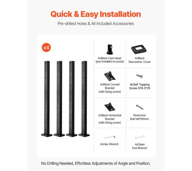 juoda turėklų stulpų paketas, 4 vnt.5