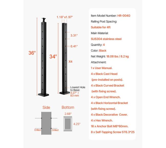 juoda turėklų stulpų paketas, 4 vnt.6