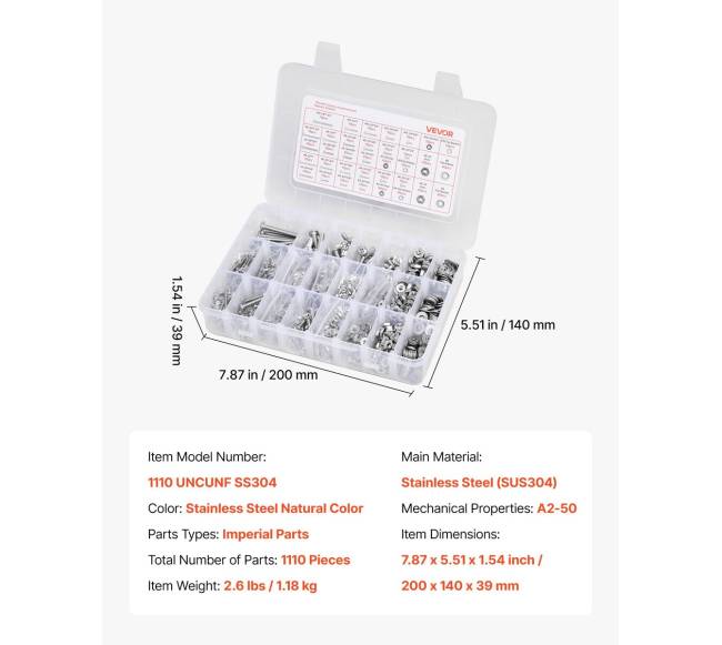 1110 vnt. veržlių ir varžtų rinkinys iš nerūdijančio plieno6