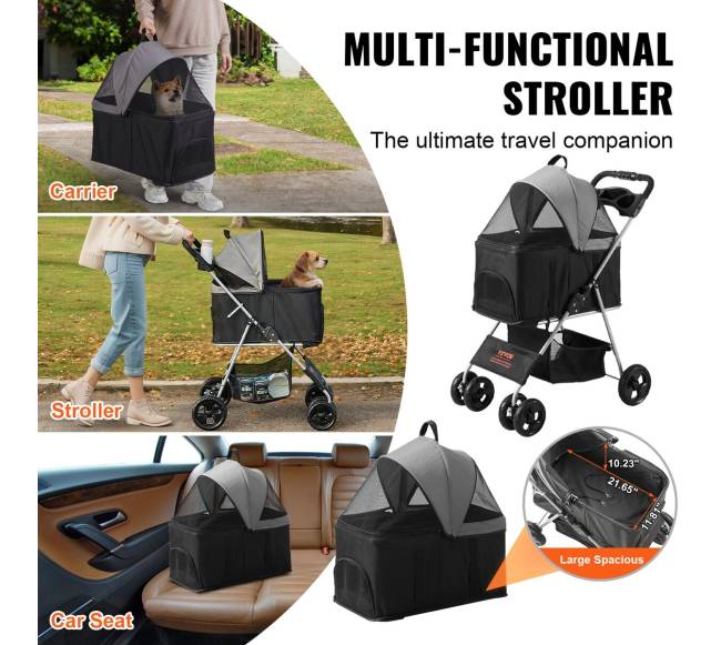 Gyvūnų vežimėlis su stabdžiais, juodas + pilkas4