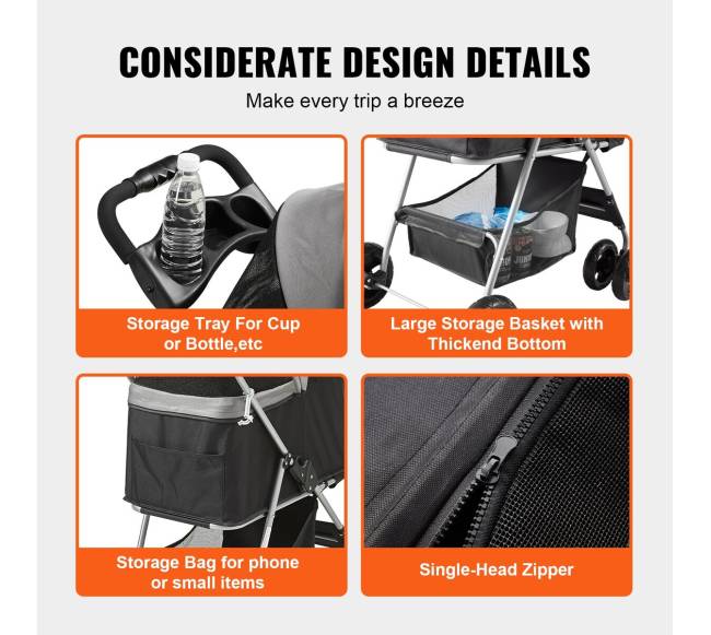 Gyvūnų vežimėlis su stabdžiais, juodas + pilkas6