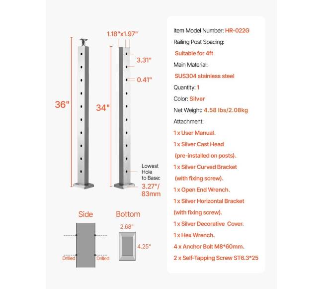 nerūdijančio plieno laiptų turėklų stulpas 91 cm6