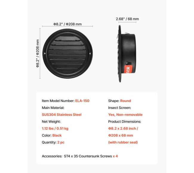145 mm juoda apvali ventiliacijos grotelė 2 vnt.6