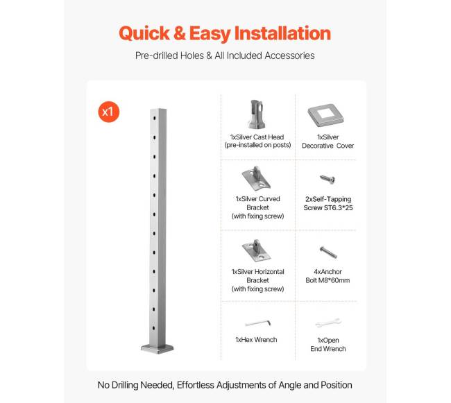nerūdijančio plieno turėklų stulpas 107x5x5 cm5