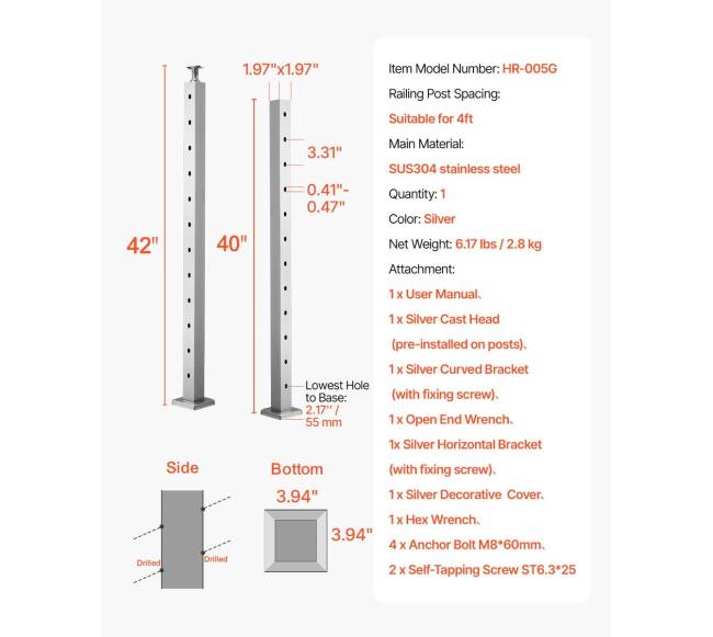 nerūdijančio plieno turėklų stulpas 107x5x5 cm6