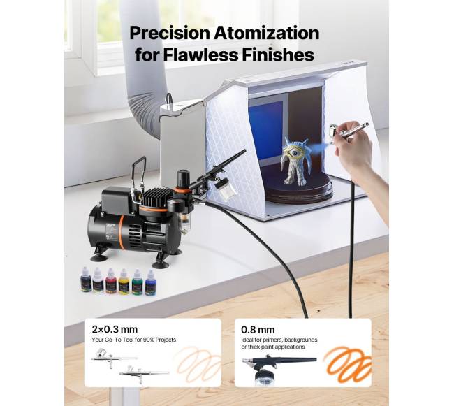 Aerografas su kompresoriumi ir 3 purkštukais1