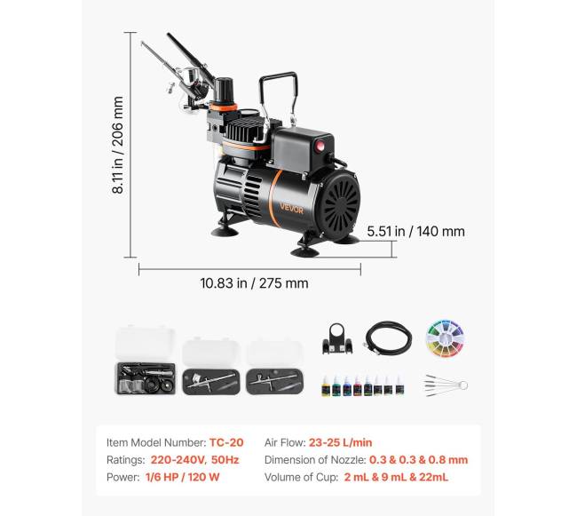 Aerografas su kompresoriumi ir 3 purkštukais6