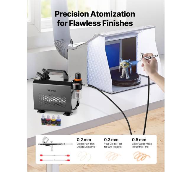Aerografų rinkinys su kompresoriumi ir 3 antgaliais1