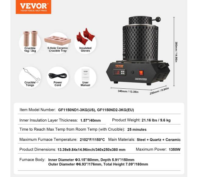 Auksinė lydymo krosnis 1350W 1150C6