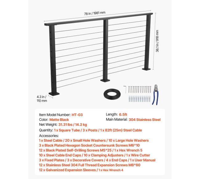 198 cm kabelių turėklų komplektas su stulpeliu6