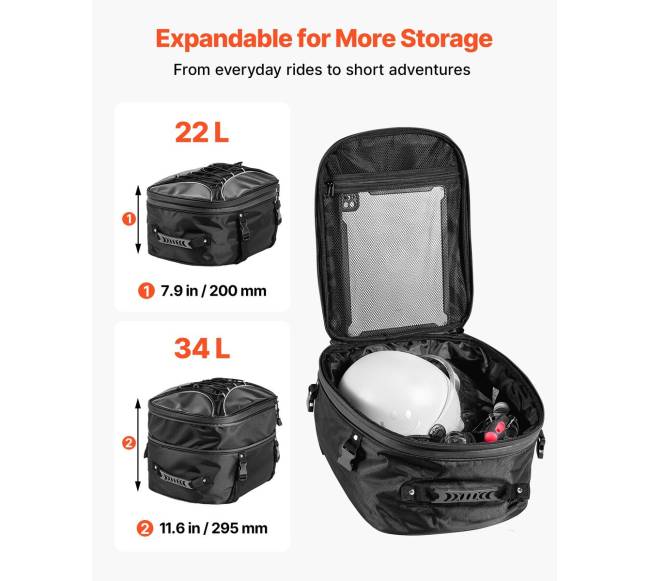 Motociklo galinė kuprinė, 22-34 L, su lietaus apsauga1